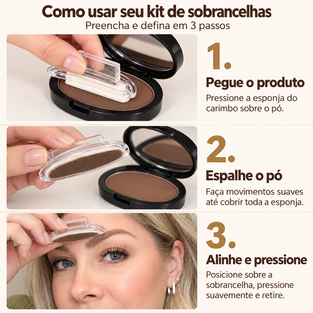 Como usar o kit de sobrancelha: pegue o pó, espalhe na esponja, alinhe e pressione